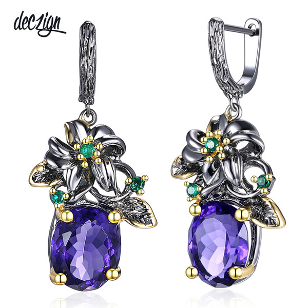 Deczign Elegant Vintage Drop Earrings Flower Look Big Blue CZ Gun Black Plus Gold Color Base Everyday Jewelery WE3799