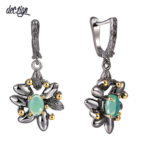 Deczign Vintage Flower Earrings Women Wedding Party Simulated Blue Opal Stone Black Gothic Jewelry Hot Selling WE3890