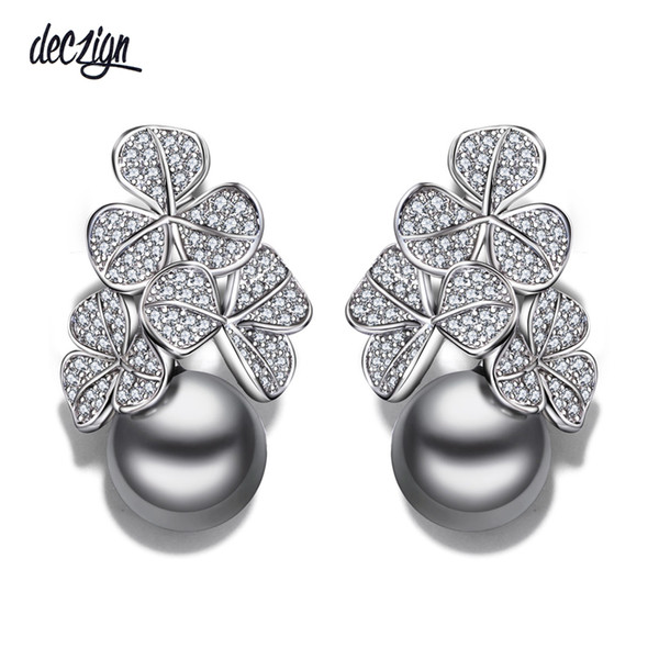 Deczign year gift Fashion flower drop earring statement jewelry pendientes aros with clear crystal and simulated gray pearl earing WE3676