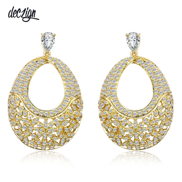 Deczign New European Style Drop Earrings for Women Wedding Bijoux Gold Color CZ Crystals Hollow Big Luxury Brincos SE03965