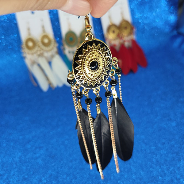 Handmade Ethnic Bohemian long feather Tassel designer earrings vintage bohemia women gold chain jewelry Long Tassel chain luxury Earrings