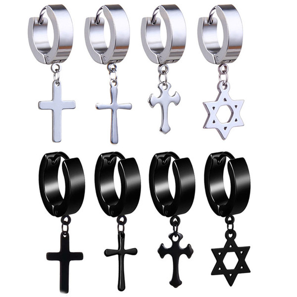 Stainless Steel Cross Pentacle Earrings Hoop Pierced Earrings Dangle Fashion Jewelry for Men Women Will and Sandy Drop Ship 350077