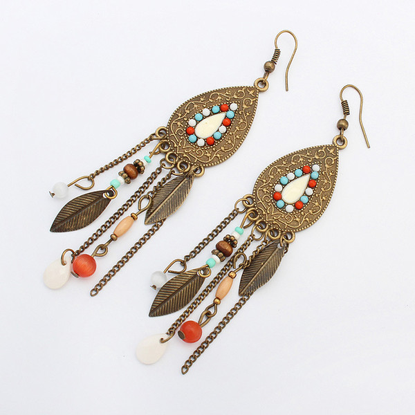 European and American retro folk style jewelry fashion oval leaves earrings exaggerated Indian style long tassel earrings wholesale