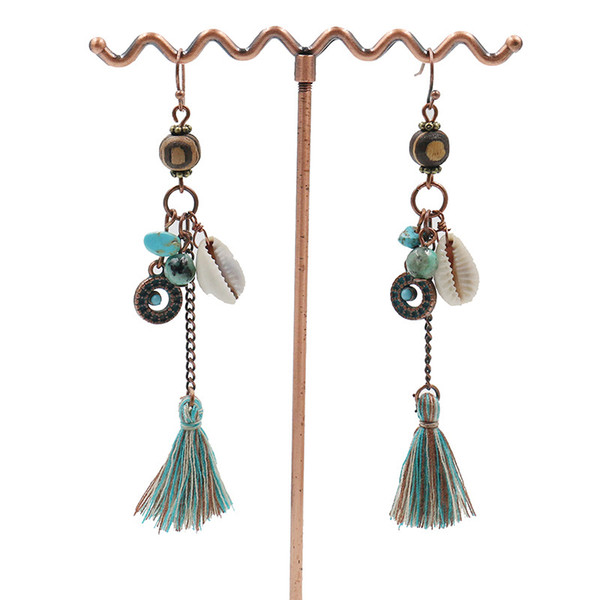 European and American long tassel jewelry wholesale original handmade earrings women retro wooden beads shell ear line factory direct