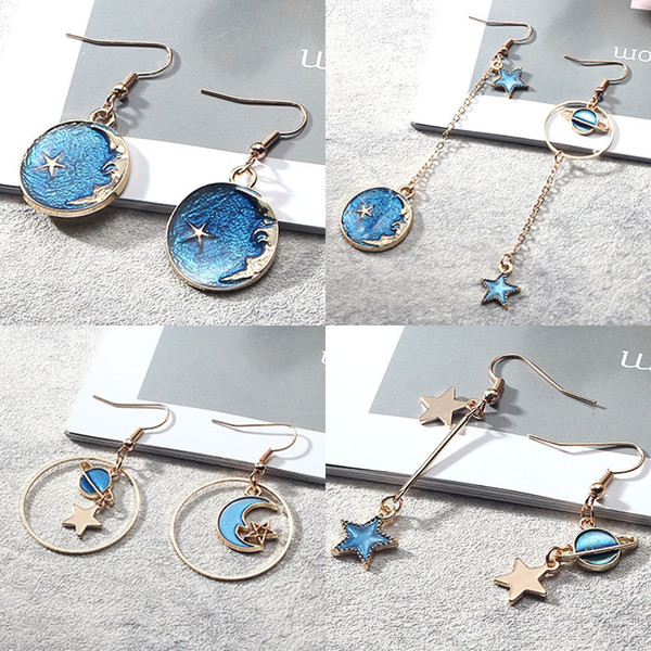 Fashion Design Less Ladies Heart Blue Star Moon Planet Earrings Small Fresh Long Asymmetric Earrings Personalized Fashion Earrings