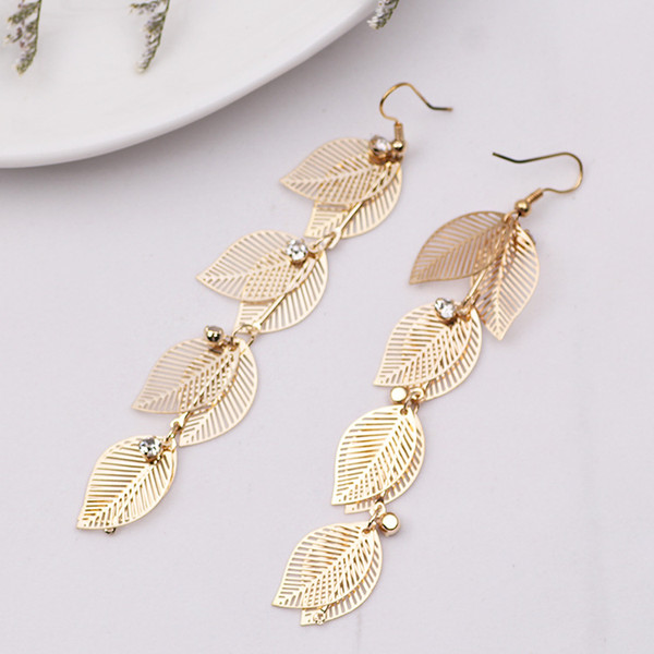 New European and American Fashion Ethnic Temperament Tassel Earrings Earrings Environmental Copper Double Leaves Earrings Jewelry