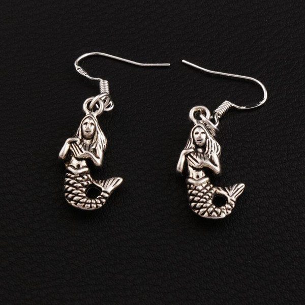 Mermaid Earrings 925 Silver Fish Ear Hook 30pairs/lot Antique Silver Chandelier E164 39.7x11.8mm