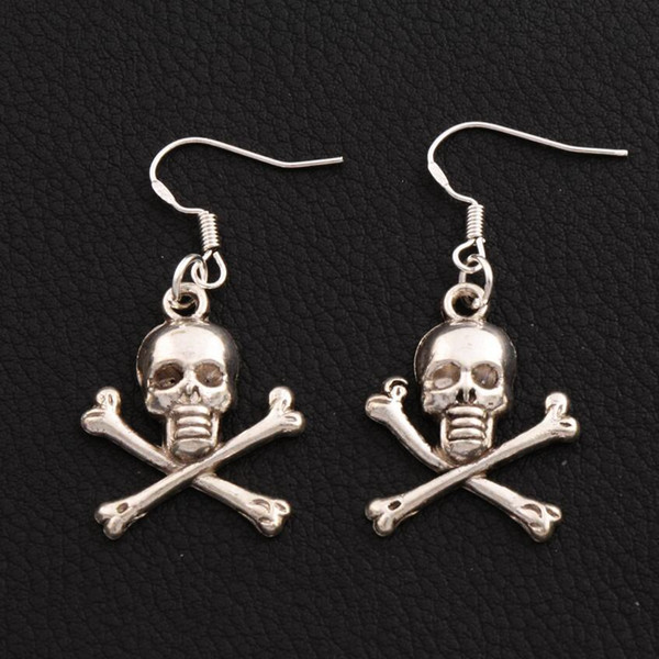 Pirate Skull Earrings 925 Silver Fish Ear Hook 30pairs/lot Antique Silver Chandelier E981 41.4x19.6mm