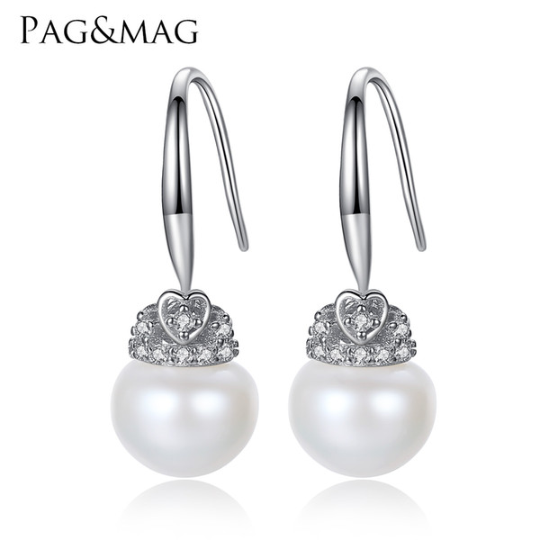 PAG&MAG Brand Crown Shape Cute 925 Sterling Silver Jewelry 9-9.5mm Bead Natural Pearl Earrings Gift for Girls Factory Wholesale