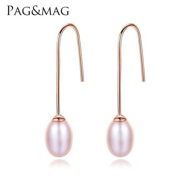 PAG&MAG New Fashion Genuine 7-8mm Freshwater Pearl Hook Earrings For Women 925 Sterling Silver Jewelry White/Pink/Purple Pearls