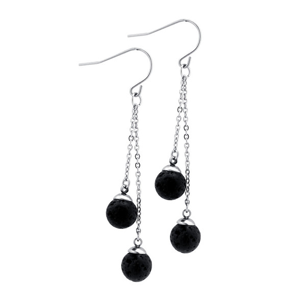 Minimal Black Lava Oil Drop Lava Earring 10mm Round Natural Stone Long Earring with Stainless Steel Chain Earring