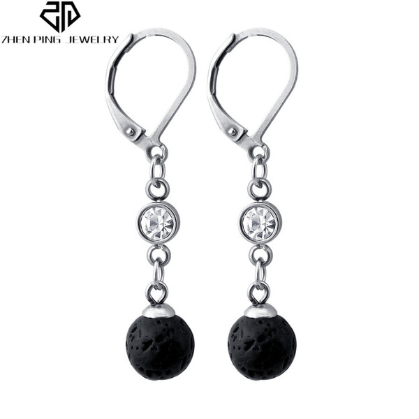 Minimal Black Lava Rock Beads Dangle Earrings 8,10mm Aroma Lava Stone Stud Earrings with Crystal Essential Oil Lava Earrings