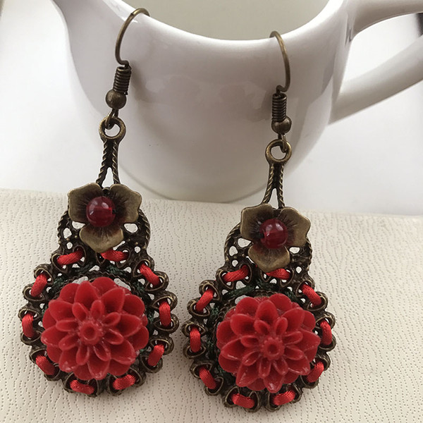 Wholesale handmade ethnic vintage red flower wedding earrings for women wholesale/boucle d oreille pendante/brincos 2019