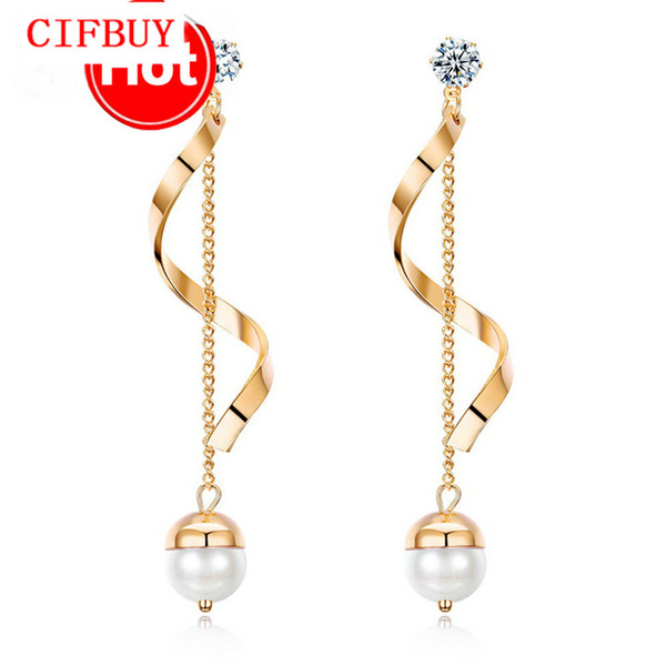 CIFBUY Geometric Twisted Drop Earrings For Women Simulated Pearl Silver / Gold Color Ladies Female Statement Earrings KE717