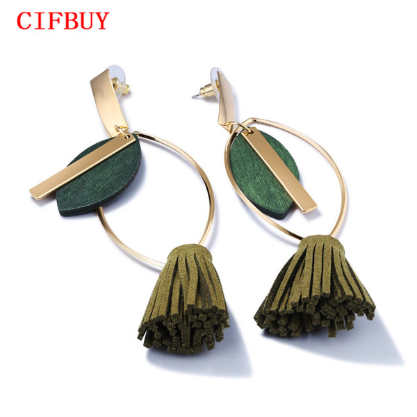 CIFBUY Vintage Drop & Dangle Tassel Earrings For Women Gold Color Olive Green Leaf Design 2017 Exaggerated Bohemian Style ,KE692