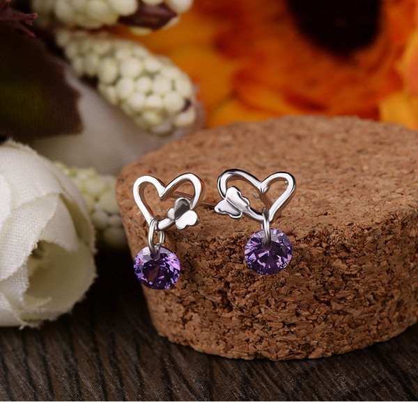 dangles earrings silver 925 women's jewelery heart love animal butterfly girls eardrop purple zirconia fashion causal classic 14x5mm 1pair