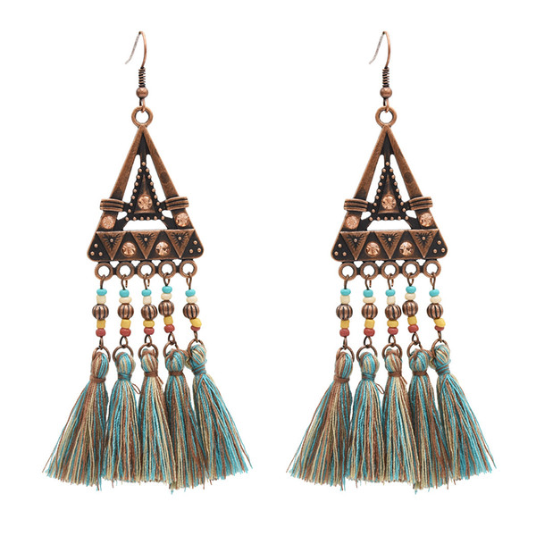 Ethnic Resin Beads Cotton Thread Long Tassel Drop Earrings for Women Boho Wedding Party Jewelry