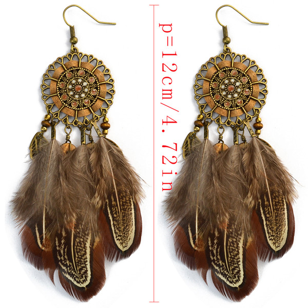 idealway Bohemian Bronze Alloy Flower National Wind Long Personality Retro Drop Dangle Long Tassel Feather Hook Earrings