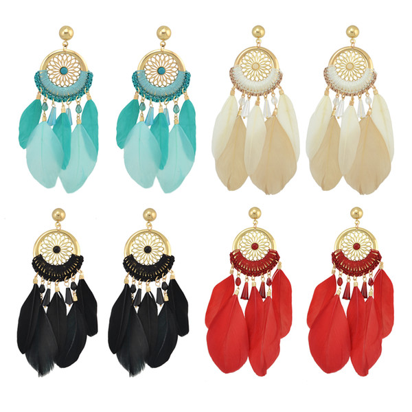 idealway 4 Colors Bohemian Feather Gold Plated Metal Flower Big Long Tassel Dangle Earrings