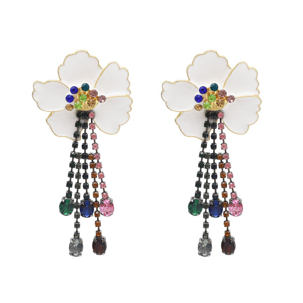 idealway Hot Gold Plated Alloy Enamel Flower Rhinestone Crystal Tassel Drop Dangle Earrings Jewelry