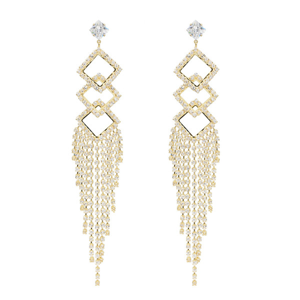 New Fashion Silver Gold Geometric Shape Long Metal Crystal Long Tassel Earring for Women Bridal Wedding Party Jewelry