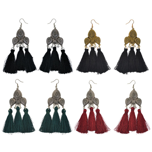 idealway 4 Styles Bohemian Vintage Silver Golden Alloy Rhinestone Tassel Pendant Charm Earrings