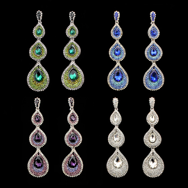 5 Colors Silver Gold Plated Luxury Inlay Crystal Rhinestone Drop Shape Dangle Long Earrings Wedding Women Jewelry