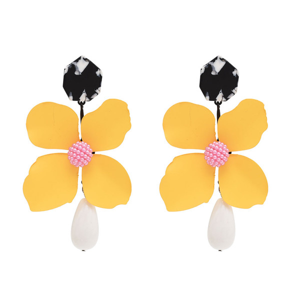idealway6 Colors Large Exaggerated Earrings Flower Shaped Alloy Enamel Acrylic Resin Beads Dangle Earrings For Women Jewelry