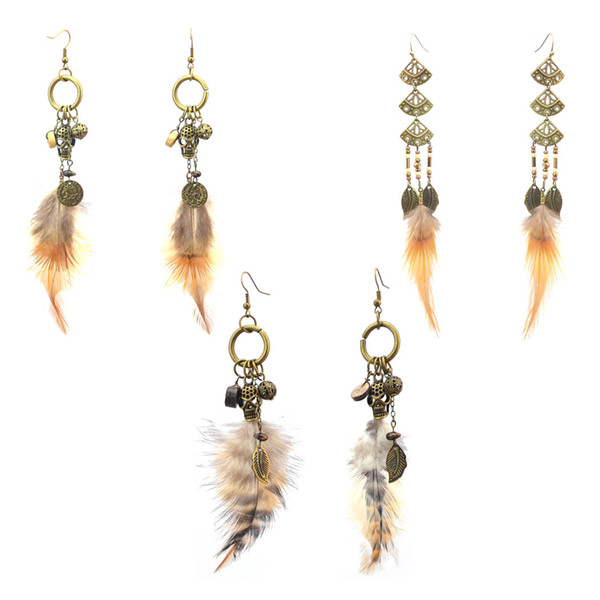 3 Styles Women Bronze Alloy Brown Feather Drop Leaves Skull Leaf Beads Long Dangle Earrings Bohemian Jewelry