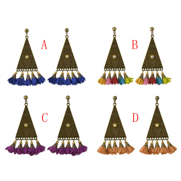 idealway Vintage Pattern Bronze Plated Alloy Pyramid Shape Crystal Chiffon Flower Pendant Drop Earrings