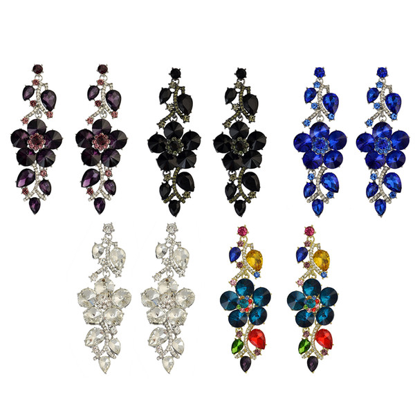 idealway 5 Colors Silver Plated Flower Shape Inlay Rhinestone Crystal Shiny Dangle Drop Earrings Women & Girls Accessory