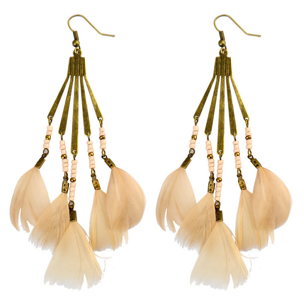 idealway 2 Colors Bohemian Antique Bronze Resin Beaded Feather Tassel Dangle Long Earrings For Women Jewelry