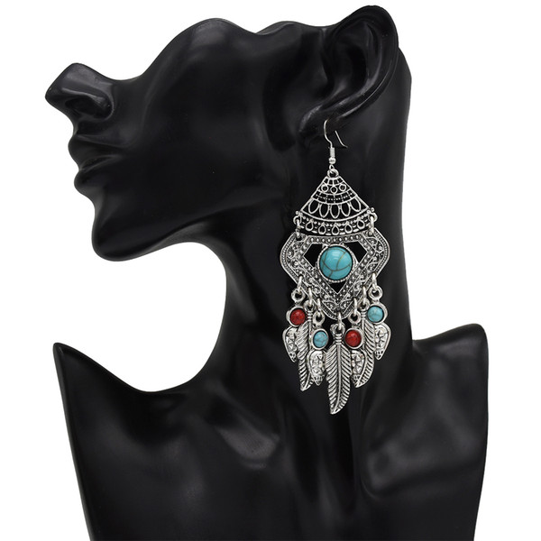 New style fashion personality retro leaf tassel earrings popular street shot with a turquoise earring pendant Women Jewelry Gif