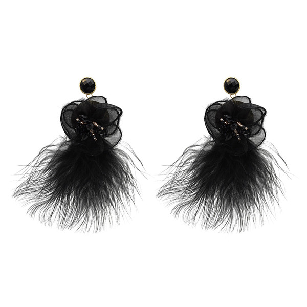 IdealwayNew Fashion 4 Colors Trendy Alloy Textile Flower Acrylic Bead Feather Earring For Women Jewelry Design