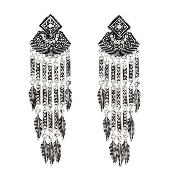 Boho Silver Gold Metal Vintage Long Tassel Rhinestone Statement Drop Dangle Earrings for Women Vintage Jewelry
