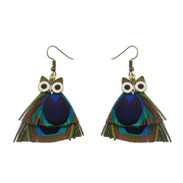 idealway New Fashion Peacock Feather Drop Bronze Alloy Plated Owl Tassel Party Earrings