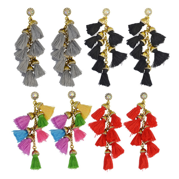 idealway 4 Colors Fashion Bohemian Style Handmade Exaggerated Long Drop Crystal Gemstone Theads Tassel Dangle Earrings