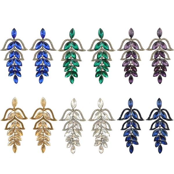 idealway fashion style 6 colors silver plated alloy rhinestone crystal leaves dangle earrings women jewelry