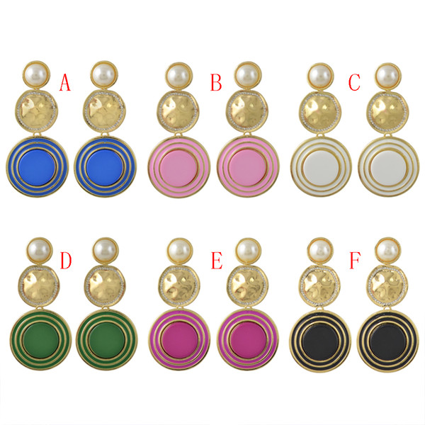 idealway 6 Colors Gold Plated Enamel Round Pearl Rhinestone Drop Earrings Jewelry Accessories For Women