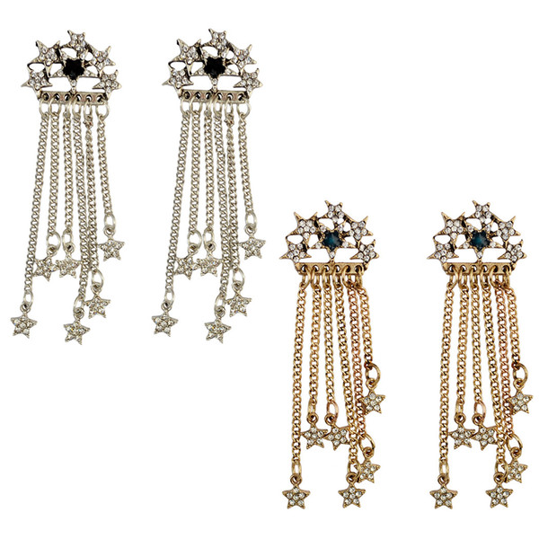 idealway Silver Gold Plated Alloy Five-pointed Star Inlay Crystal Rhinestone Chain Long Tassel Dangle Drop Earrings