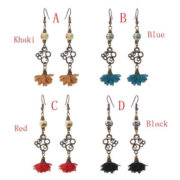 idealway New Vintage Style Copper Alloy Wood Ceramics Beads Flower Dangle Earrings