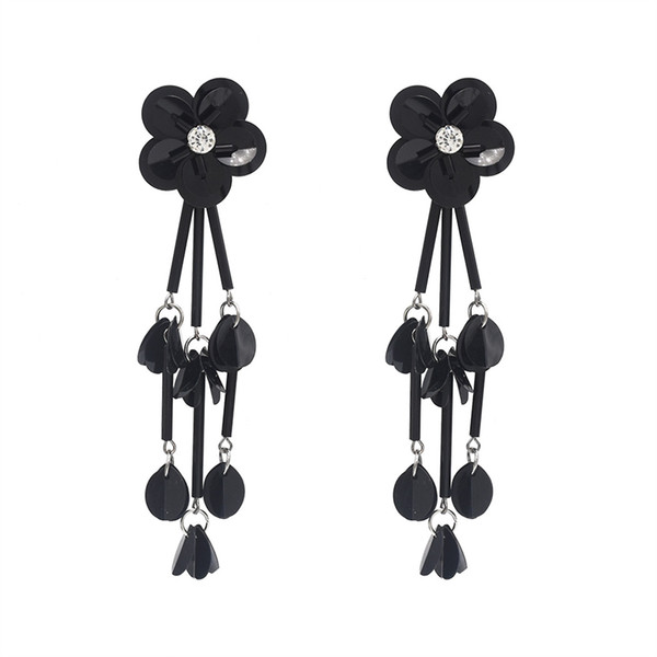 idealway Fashion Black Alloy Charms Fringe Flower Rhinestone Crystal Sequins Tassel Drop Dangle Earring Women Engagement Jewelry