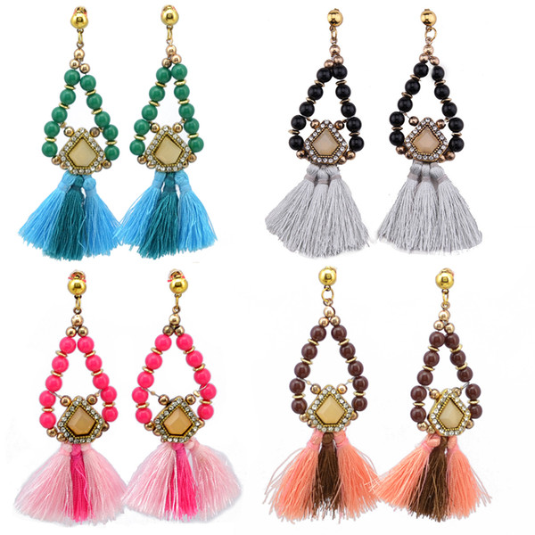 idealway New Fashion Bohemian Green Rose Coffee Beads Thread Tassel Crystal Long Drop Dangle Earrings Women Jewelry Gift