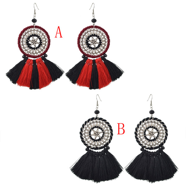 idealway Bohemian Style Vintage Silver Alloy Big Flower Thread Tassel Dangle Earrings Fashion Accessories