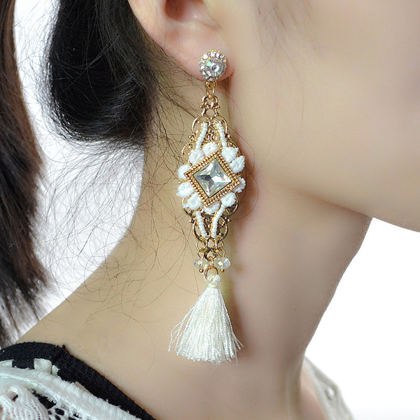 idealway Fashion Boho Gold Plated Flower Metal White Lace Long Tassel Crystal Drop Earrings