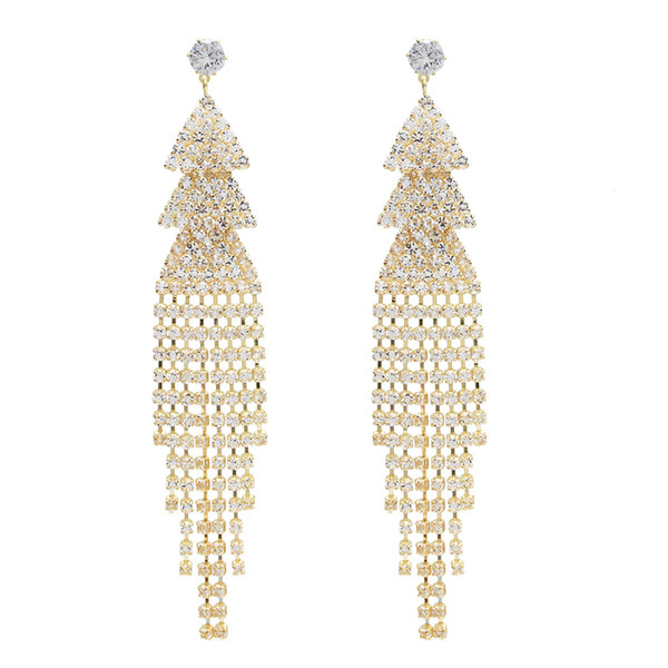 Fashion Silver Gold Metal Crystal Long Tassel Drop Earrings for Women Bridal Wedding Party Jewelry