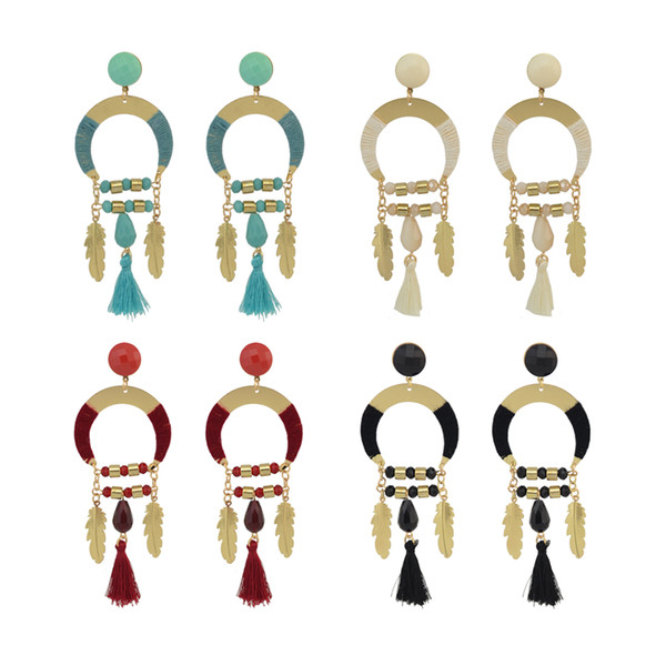 idealway 4 Colors Vintage Antique Gold Plated Fashion Long Tassel Feather Drop Dangle Hook Charm Earrings