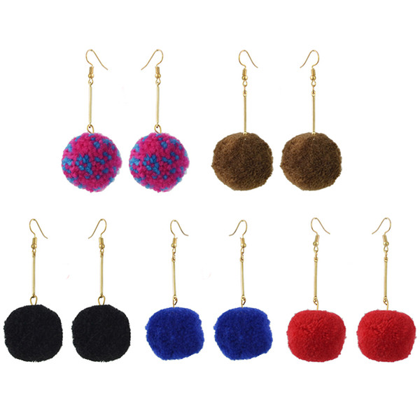 5 Colors Cute Gold Plated Woolen Big Ball Pom Pom Earrings Women Ladies Party Fashion Jewelry