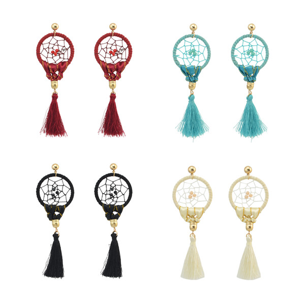 idealway 4Colors Fashion Boho Long Drop Gold Plated Tassel Party Dangle Dream Catcher Earrings