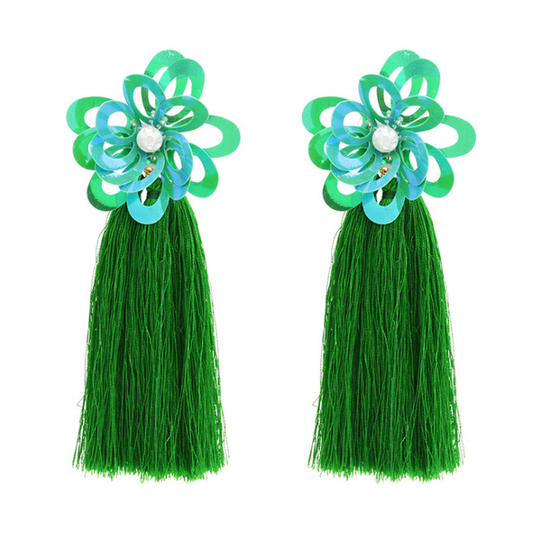 idealway Bohemian Pearl Sequins Flower Shape Thread Tassels Drop Earrings